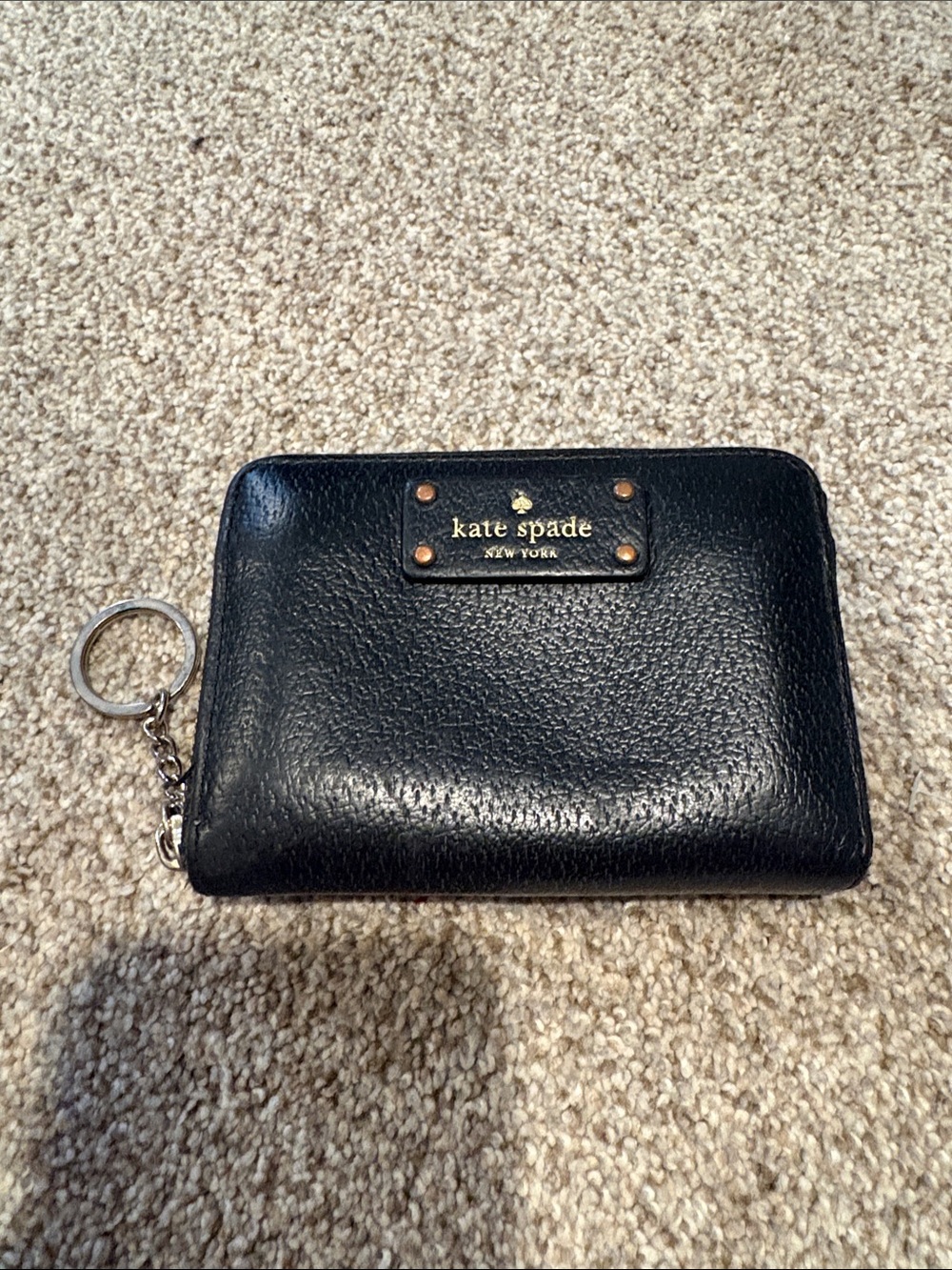 kate spade Black Pebble Leather Zip Card Holder with Key Ring